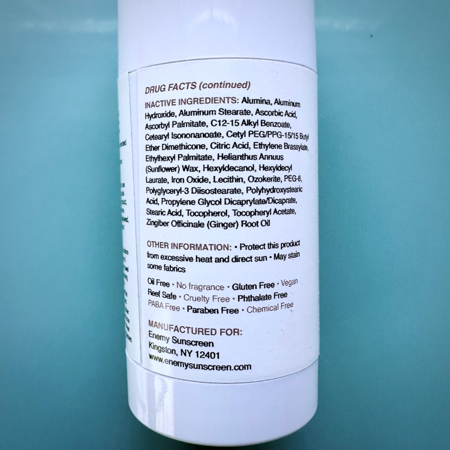 Inactive ingredients listed. Chemical free, Oil free, No fragrance, Gluten free, Reef safe, Cruelty free, Phthalate free, Paba free, Paraben free, Vegan.