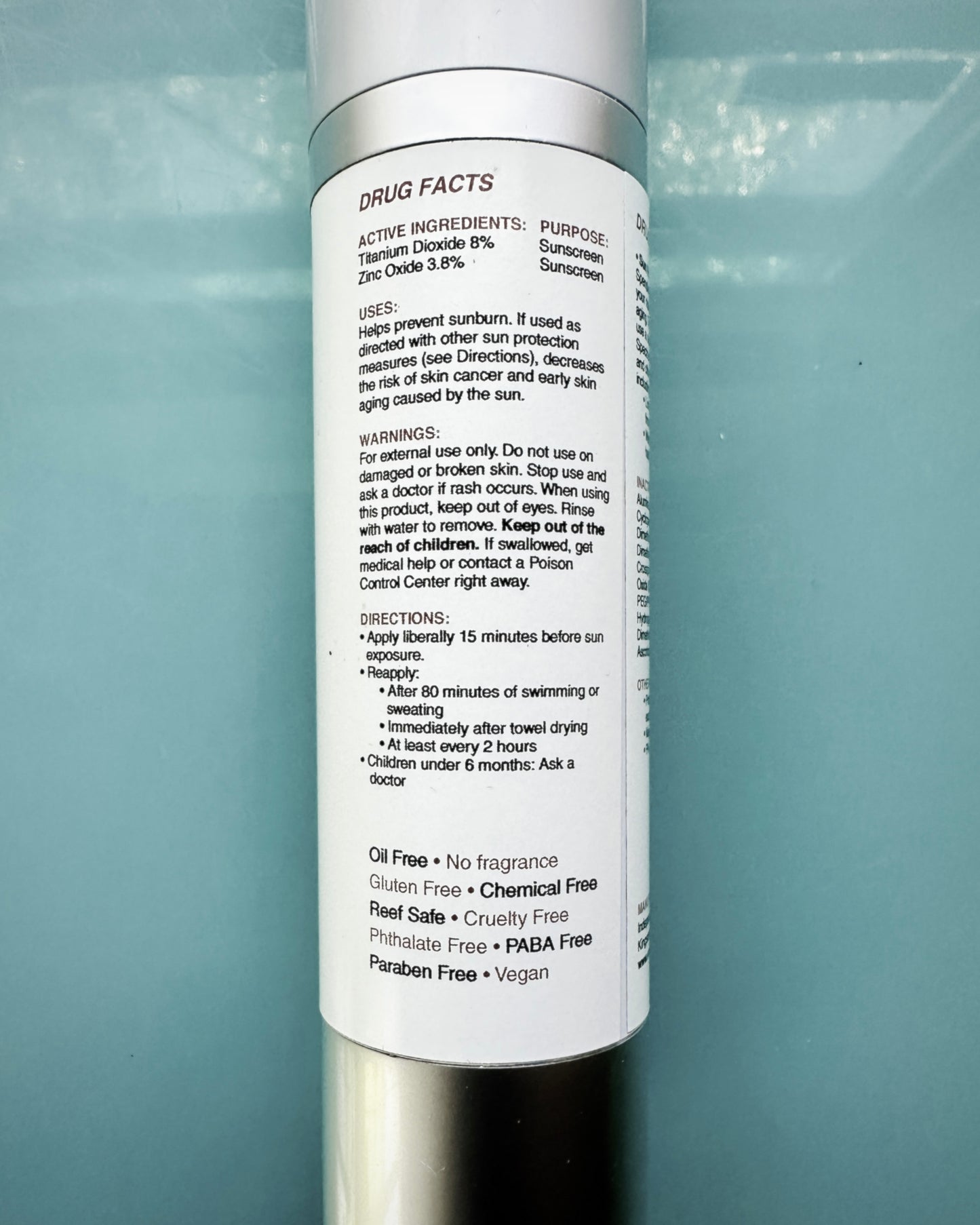 Active ingredients listed. Oil free, No fragrance, Gluten free, Chemical free, Reef safe, Cruelty free, Phthalate free, Paba free, Paraben free, Vegan